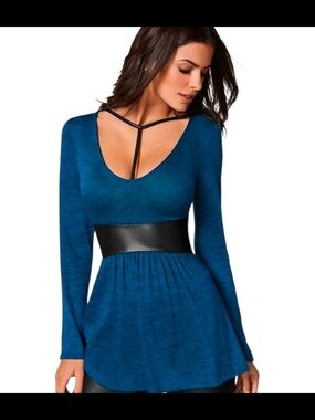 VENUS Teal-Blue Long Sleeve Scoop Neck Tunic with Black Waistband